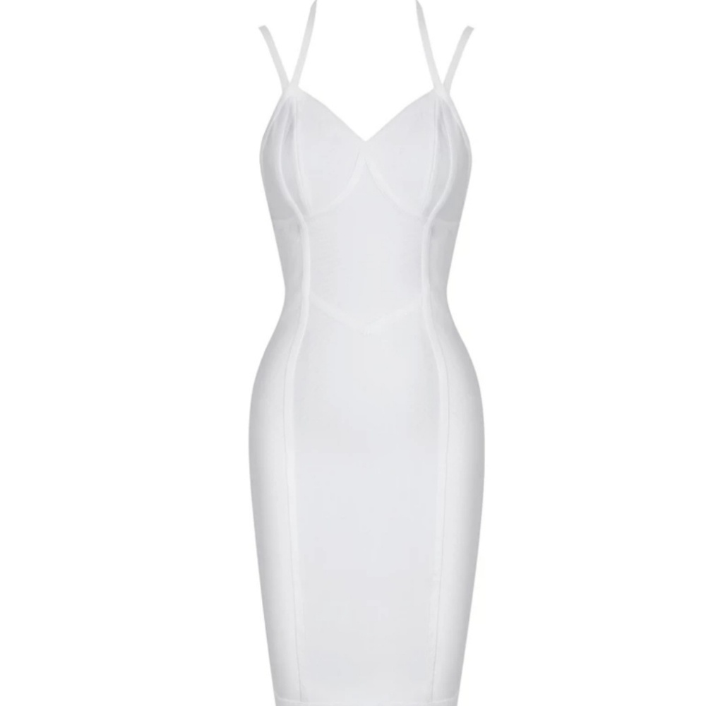 Halter white bandage bodycon dress above the knee